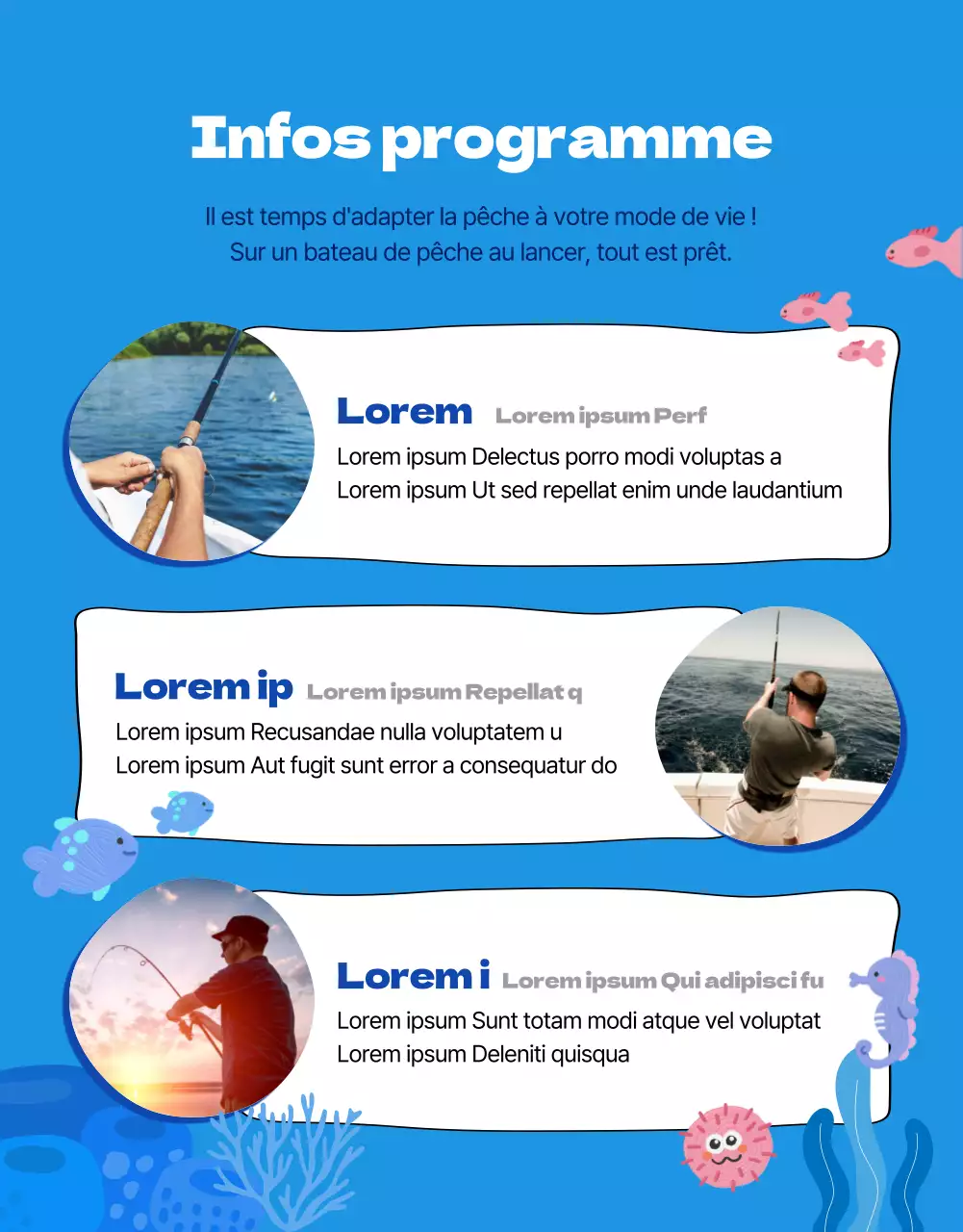 Annonce pour un voyage de pêche dans les eaux bleues du monde