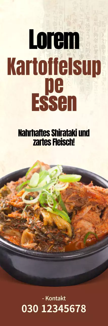 Werbung für traditionell aussehende Kartoffelsuppe auf braunem Hintergrund