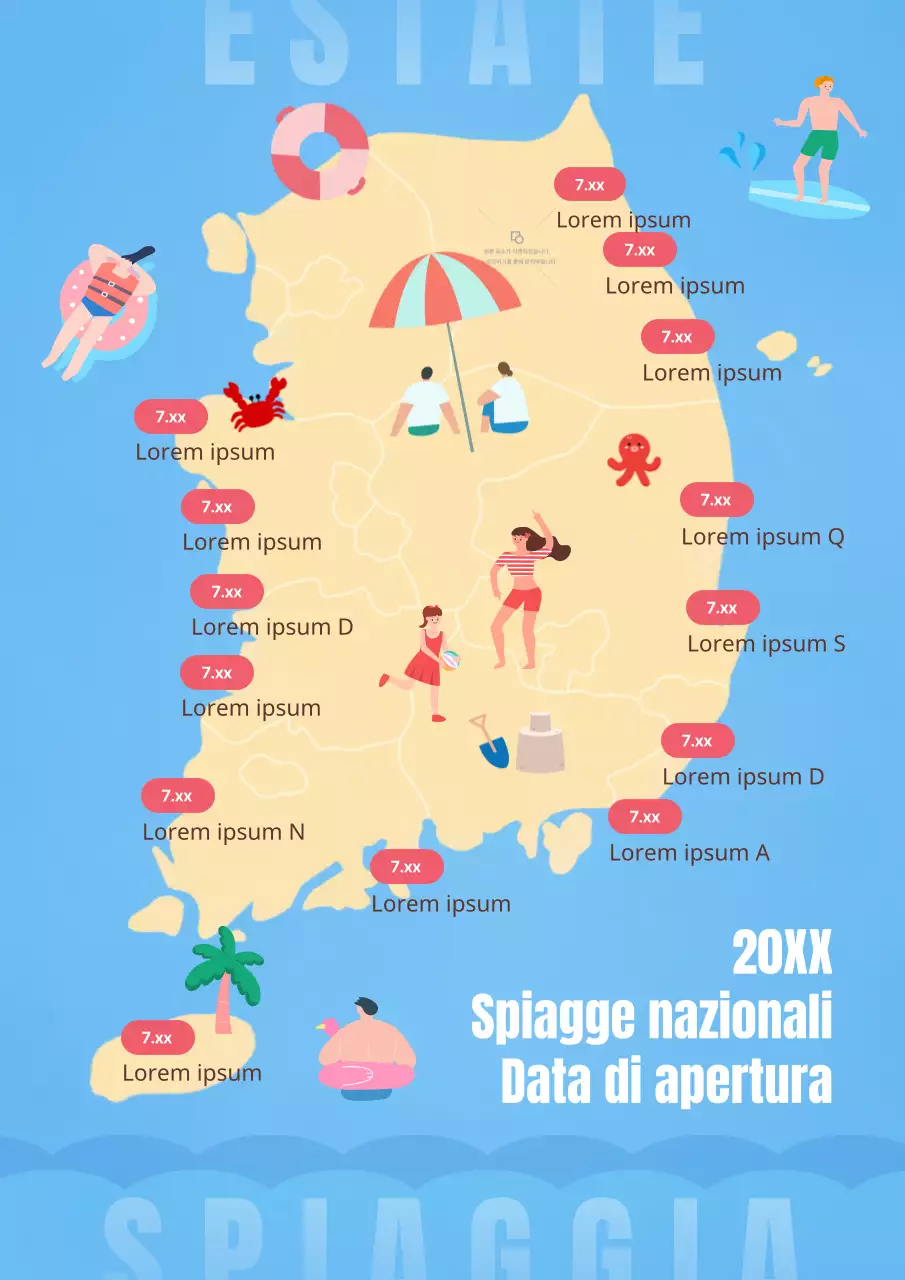 Giornata di apertura della spiaggia nazionale con una mappa della Corea su uno sfondo blu dell'oceano