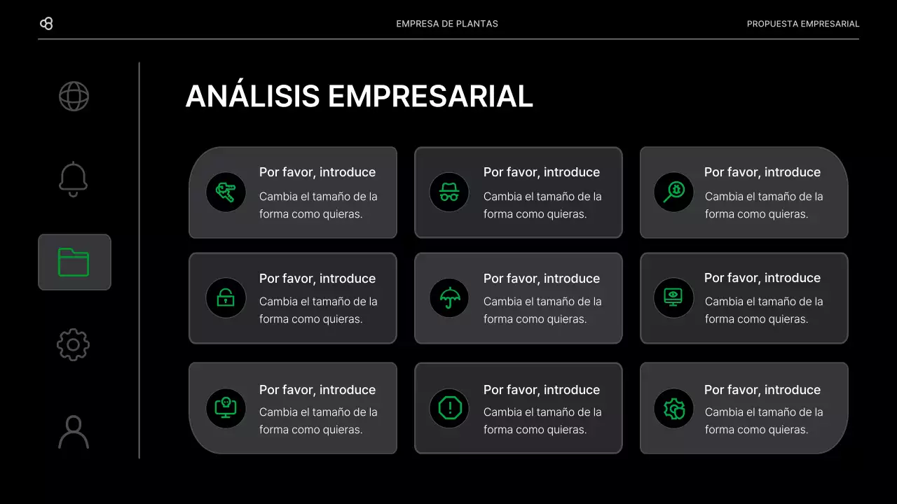 Propuesta de negocio para una empresa con un concepto de hoja natural verde y negro