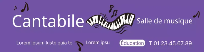Illustration d'un piano violet pour la promotion d'une école de musique