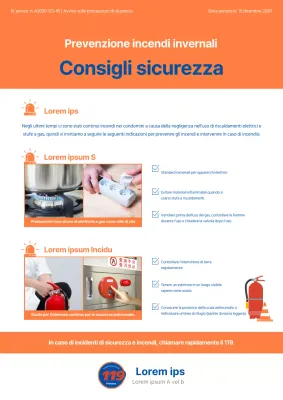 Semplice illustrazione in arancione e blu per aiutarvi a seguire i consigli di sicurezza antincendio in inverno