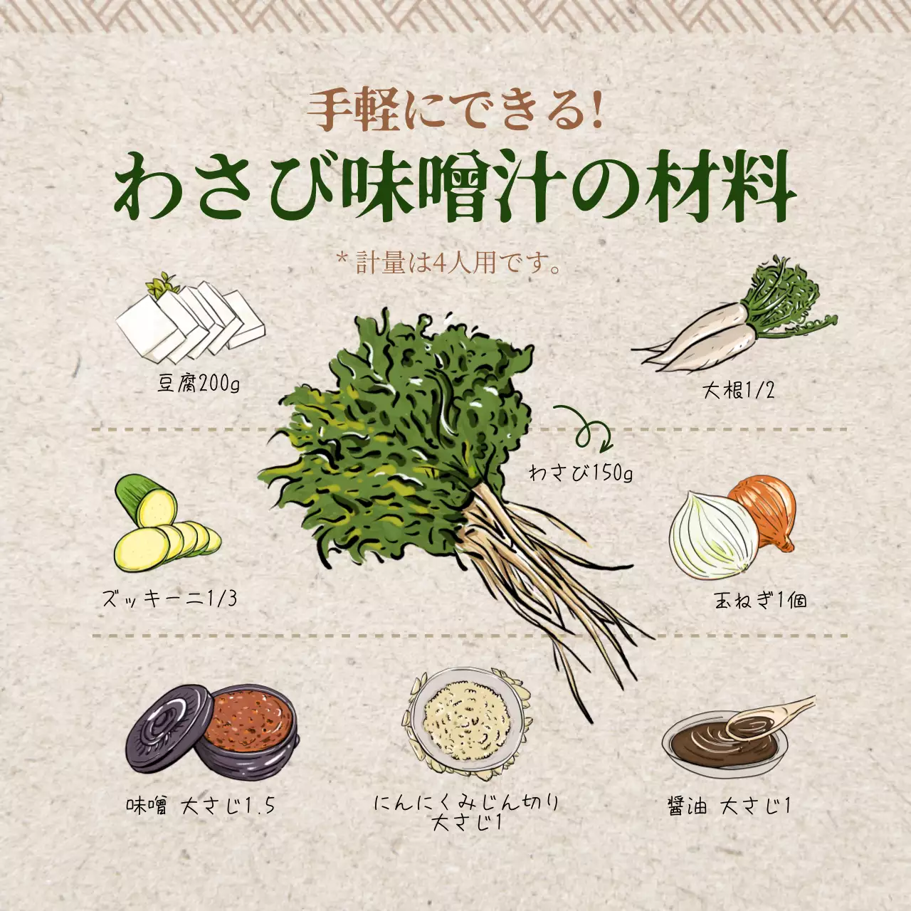 茶色と緑のわさび味噌汁レシピ