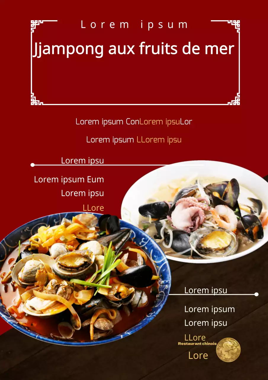 Menu d'un restaurant de ramen avec des photos d'aliments en rouge et noir