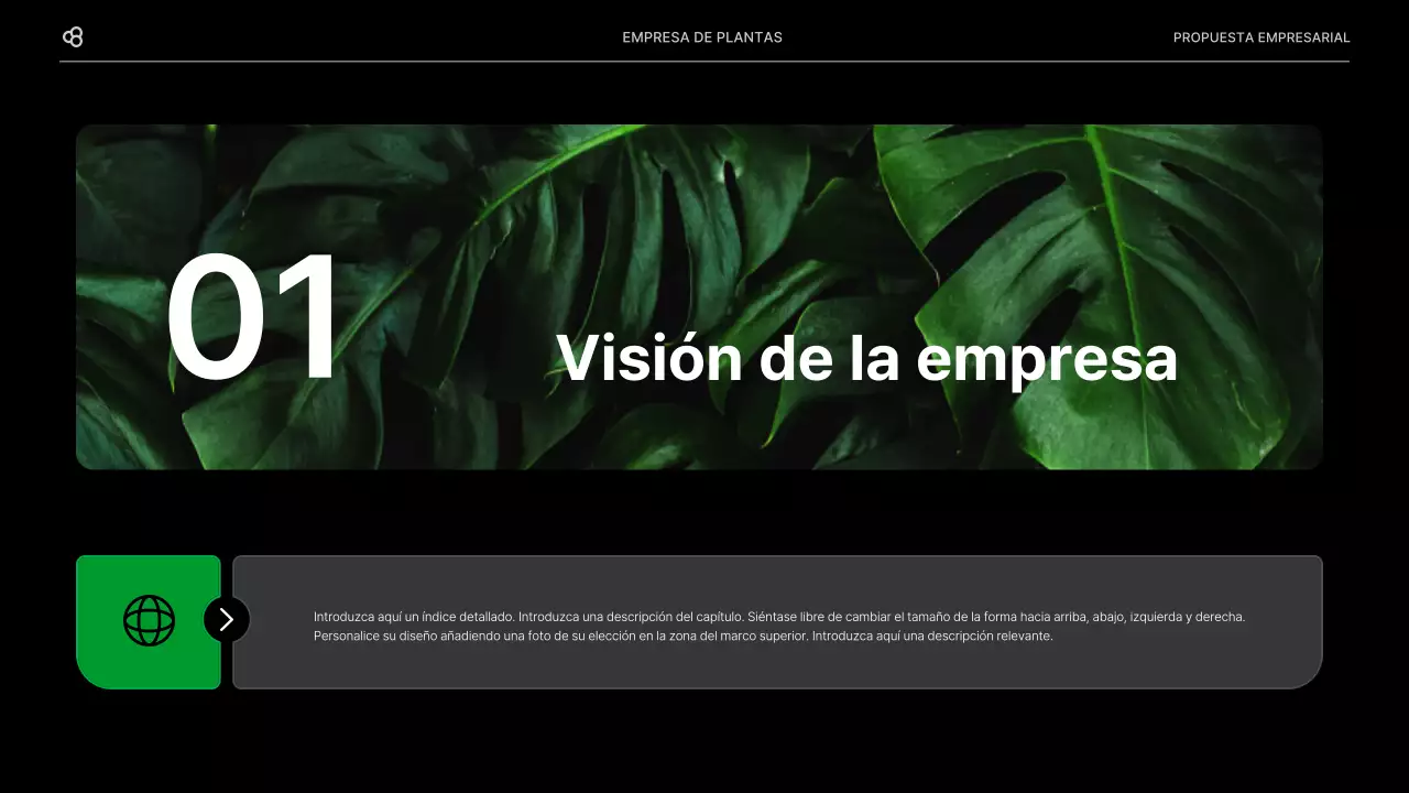 Propuesta de negocio para una empresa con un concepto de hoja natural verde y negro