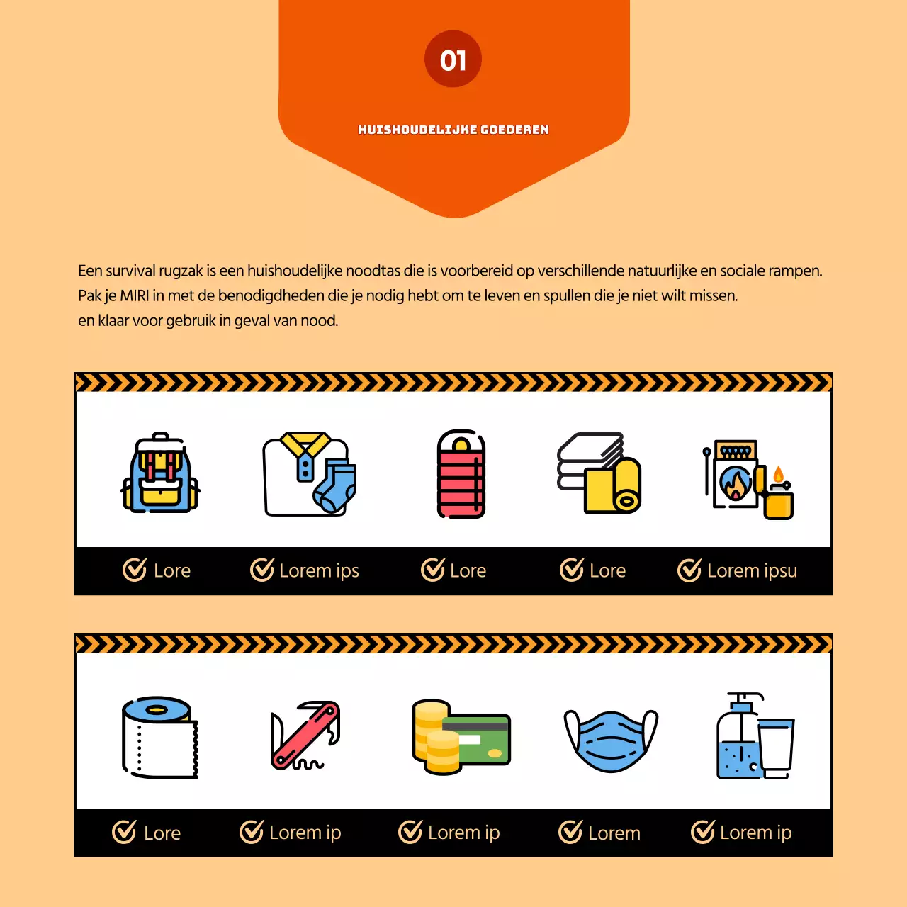 Illustraties in geel markeren De overlevingstas van mijn gezin maken