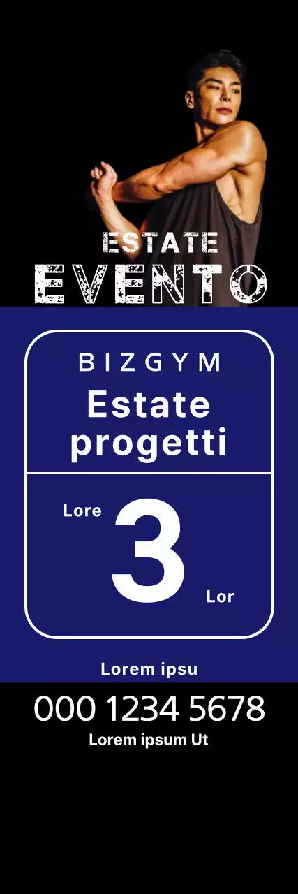 Striscione per eventi estivi con quadrati blu e un uomo atletico su sfondo nero