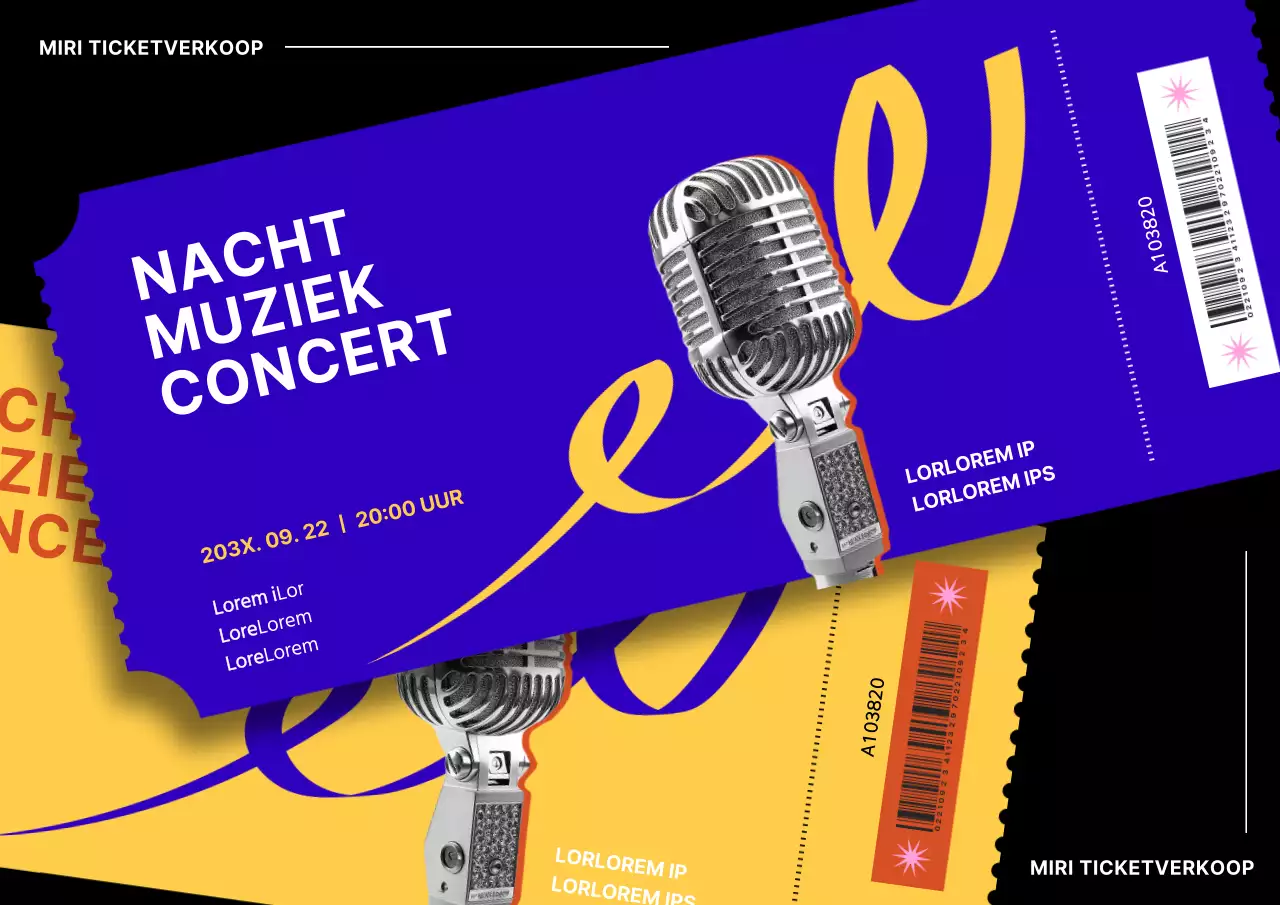 Promotiemateriaal voor een nachtelijk muziekconcert met kaartjes in marineblauw.