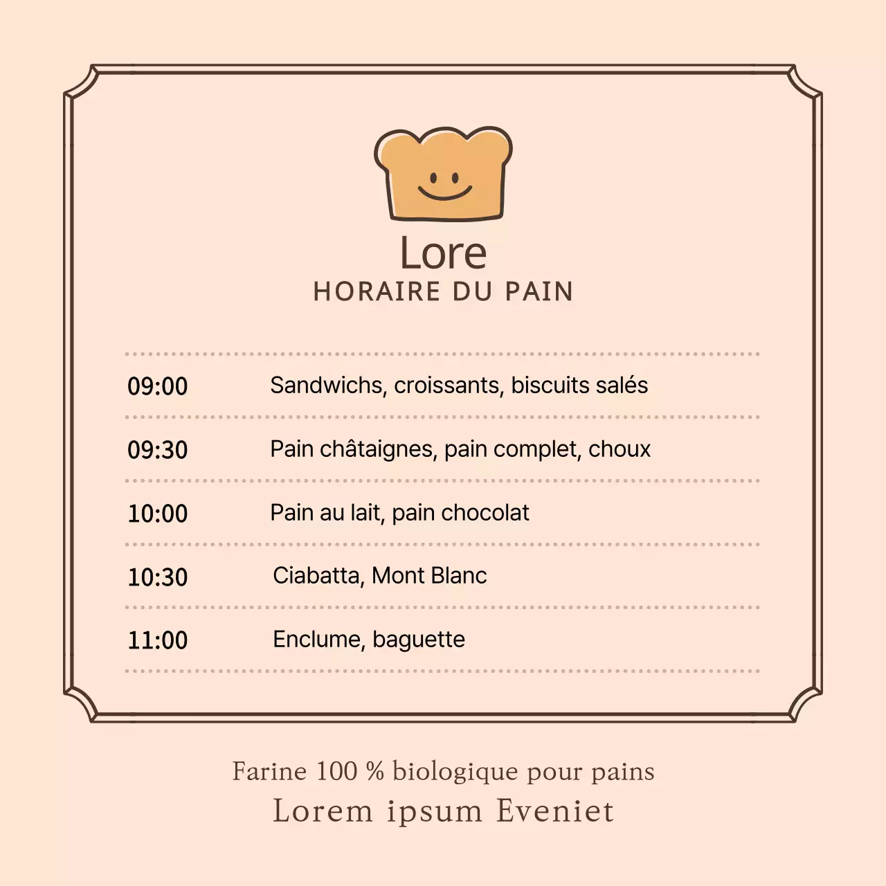 Horaire de pain avec un joli logo de pain jaune et marron