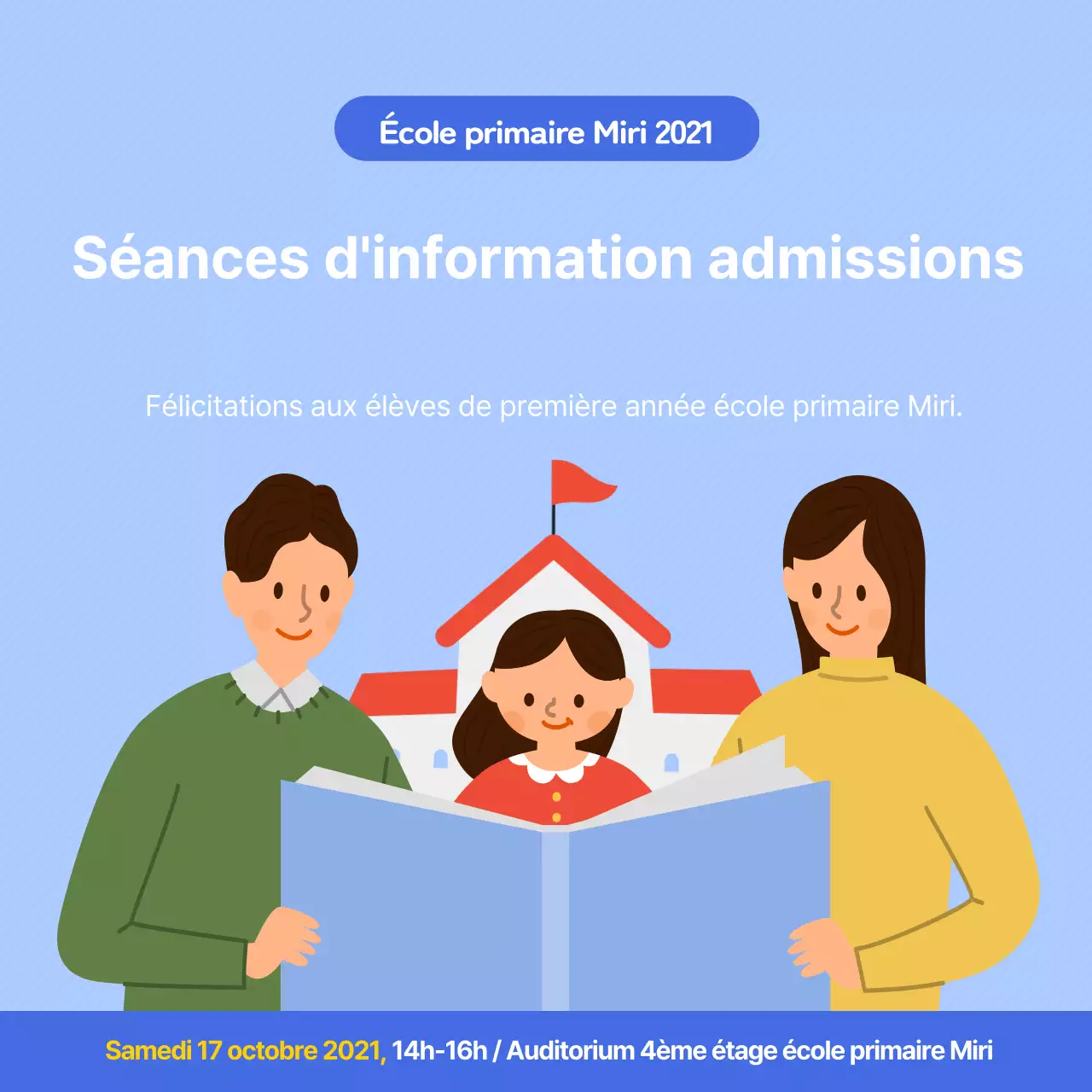 Une session d'information sur les admissions à l'école primaire bleu clair et propre