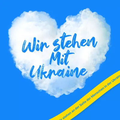 Ukuraina Krieg Friedensbotschaft in blau und gelb