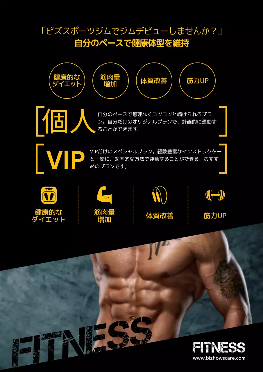 黒と黄色のボディービルダーの写真でフィットネスを宣伝します。