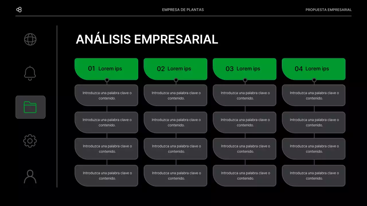 Propuesta de negocio para una empresa con un concepto de hoja natural verde y negro