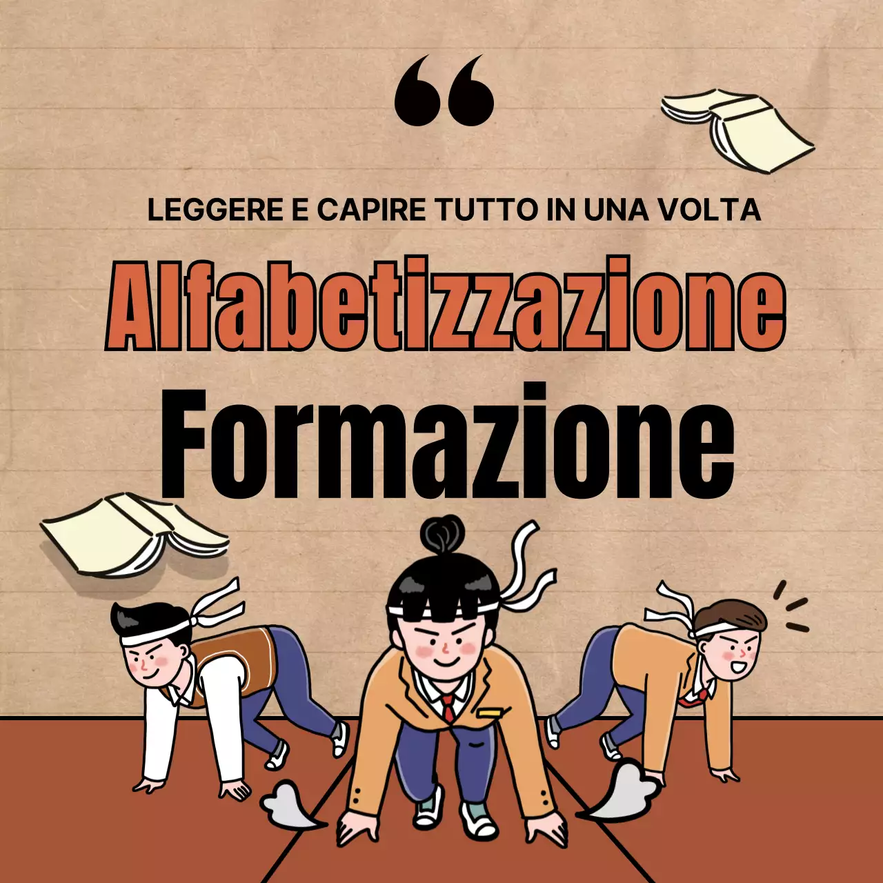 Accademia di formazione all'alfabetizzazione con simpatiche illustrazioni in rosso e nero