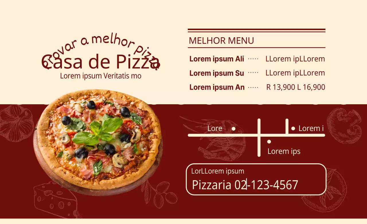 Conceba um folheto de pizzaria com um aspeto delicioso em vermelho.