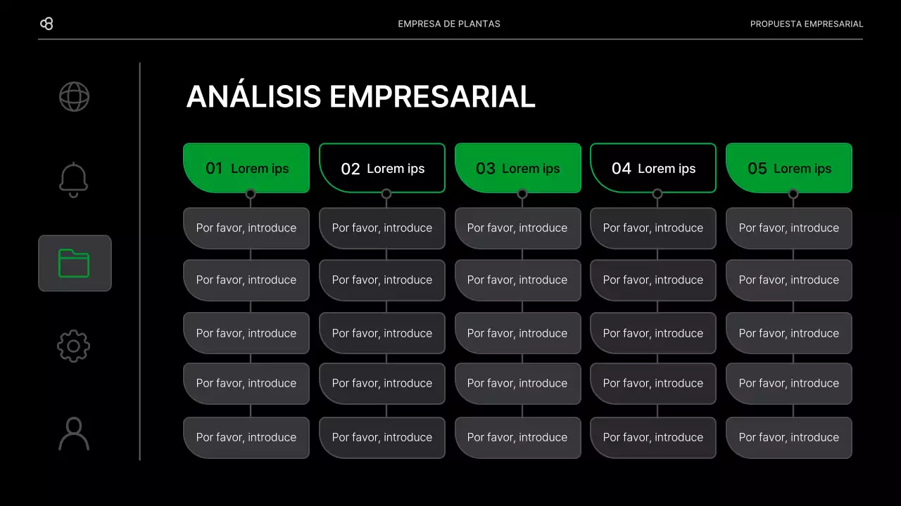 Propuesta de negocio para una empresa con un concepto de hoja natural verde y negro