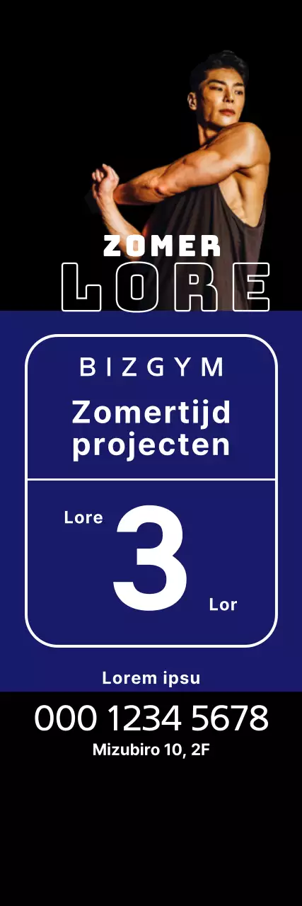 Windbanner voor zomerevenement met blauwe vierkanten en een atletische man op een zwarte achtergrond