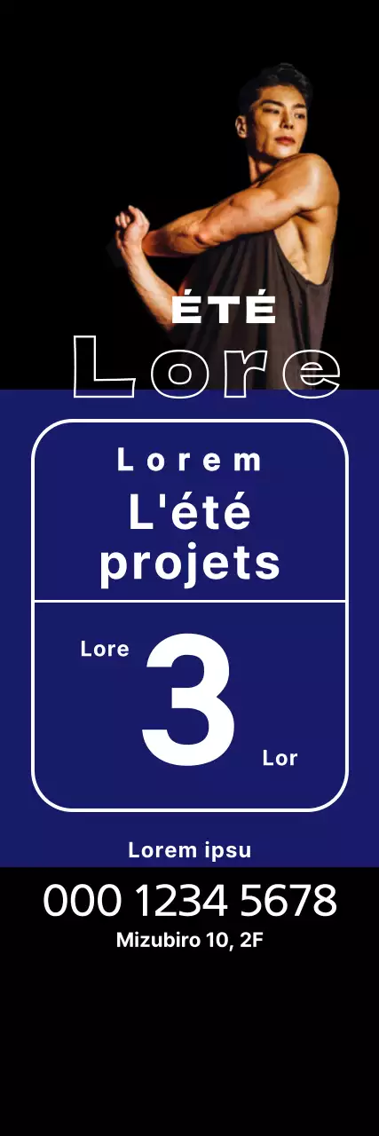 Bannière d'événement estival avec des carrés bleus et un homme athlétique sur fond noir