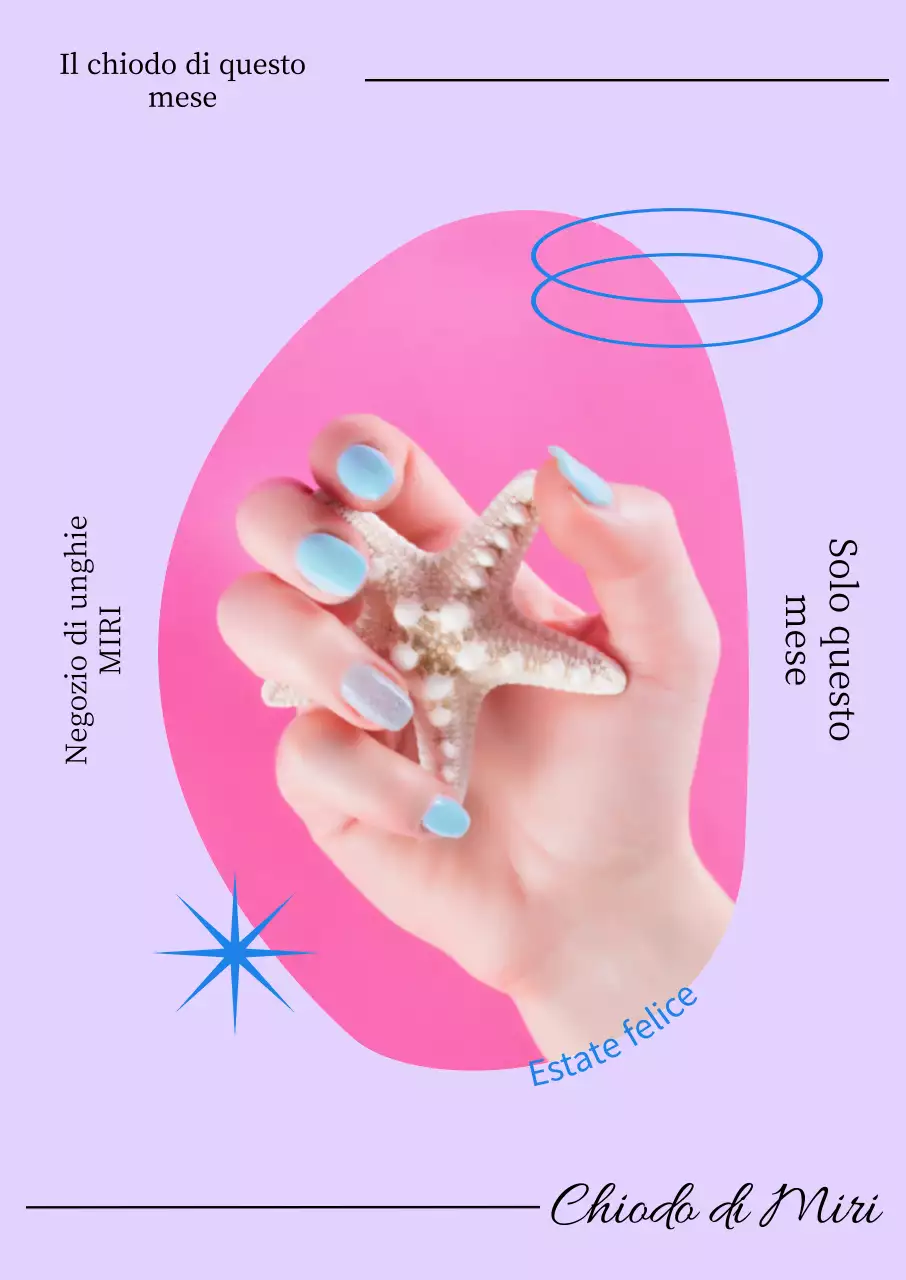 Poster dell'unghia del mese con forme blu su sfondo viola