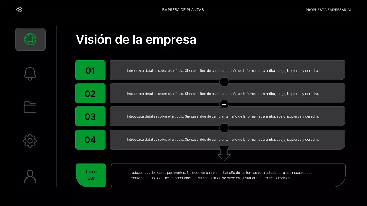 Propuesta de negocio para una empresa con un concepto de hoja natural verde y negro