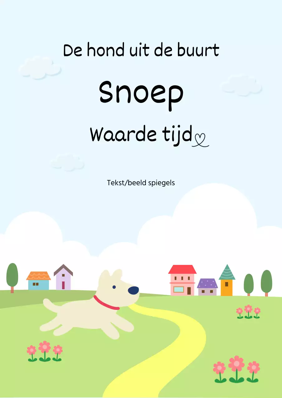 Een schattig geïllustreerd puppyverhaal met een lichtblauwe en chartreuse achtergrond