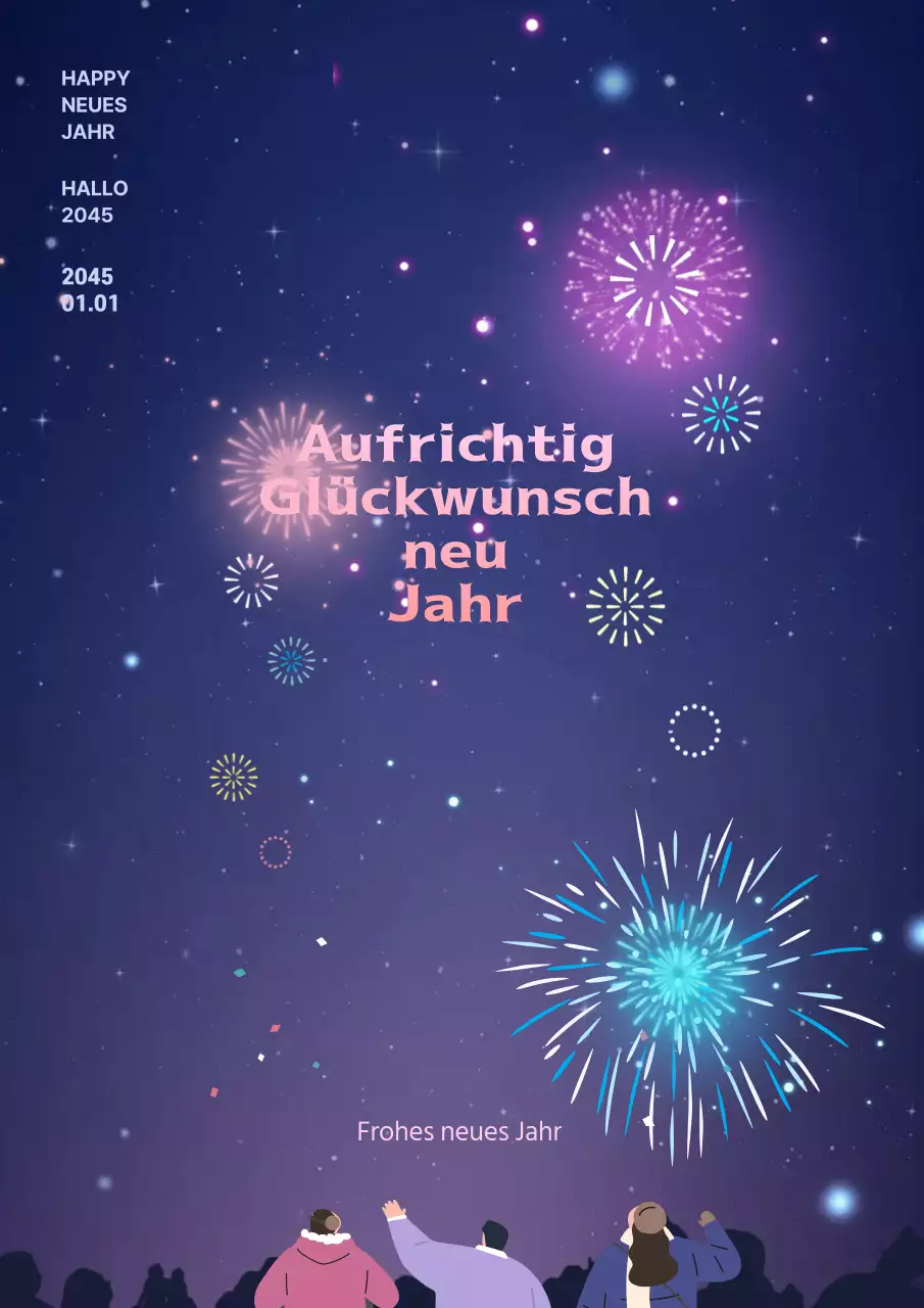 New Year's Poster mit lila Nachtansicht Silvesterfeuerwerk Illustration