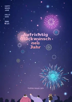 New Year's Poster mit lila Nachtansicht Silvesterfeuerwerk Illustration