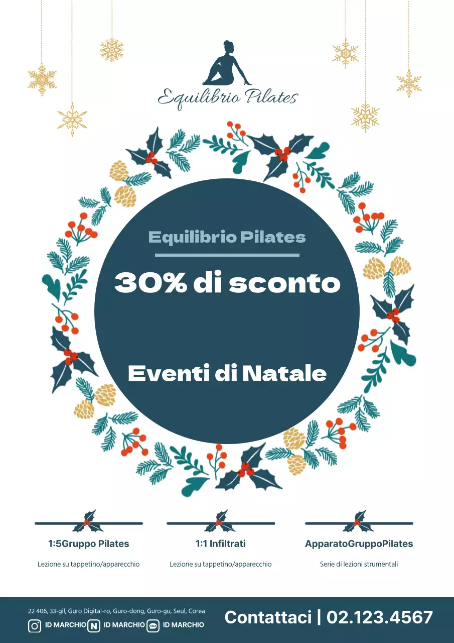 Elegante volantino promozionale per eventi natalizi dello studio di Pilates in verde e bianco