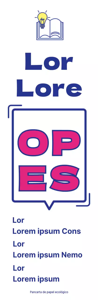 Anunciar la apertura de una biblioteca con un sencillo concepto de texto burbuja en azul marino y morado.