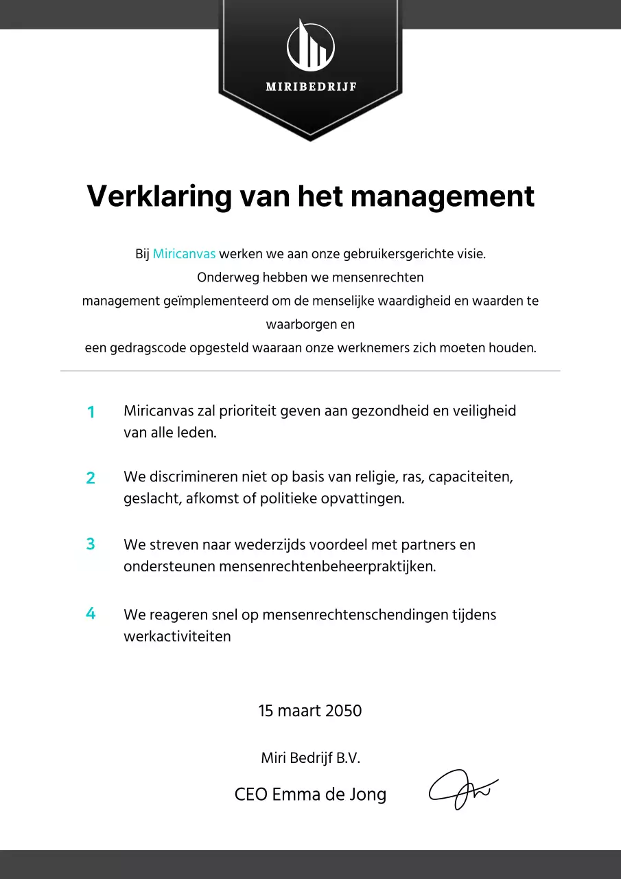Een schoon bedrijfsmanifest in zwart en mint
