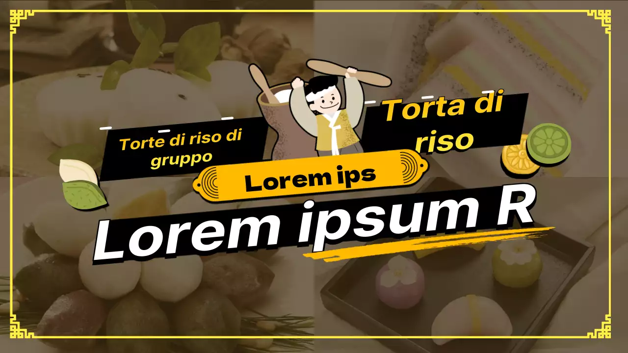 Tema promozionale per l'ordinazione di Mochi con foto gialle e simpatiche illustrazioni