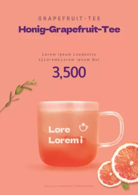 Bewerben Sie eine schlichte und elegante Speisekarte für ein Café mit einem Foto einer orangefarbenen Grapefruit und Grapefruittee