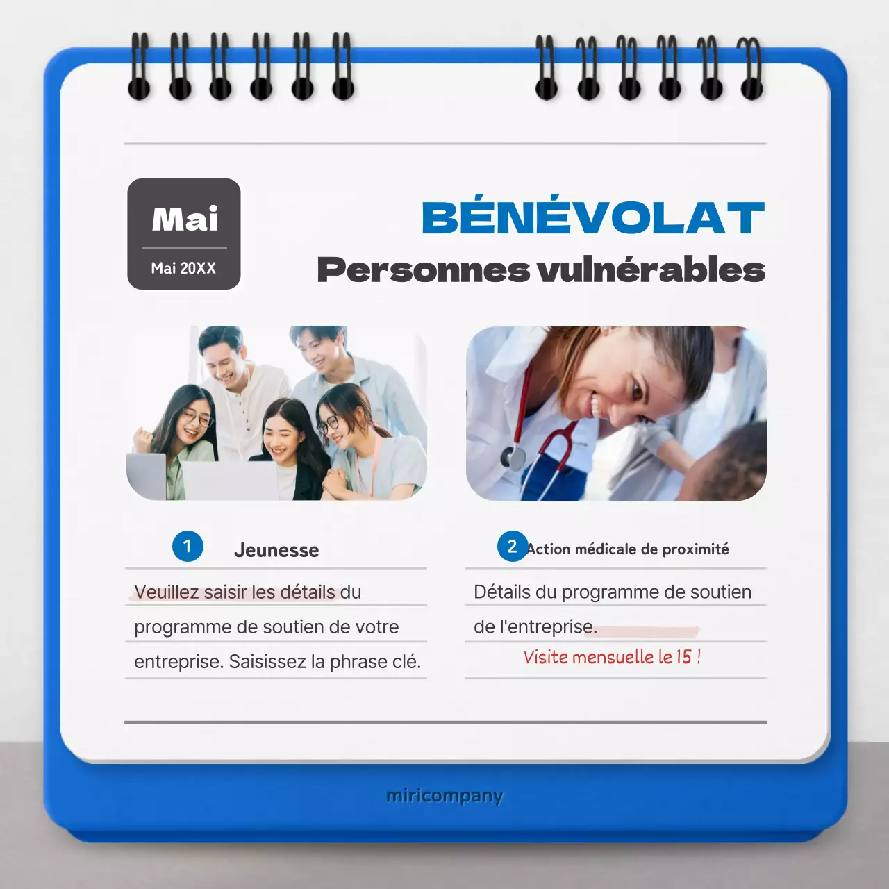 Promouvoir la responsabilité sociale des entreprises avec un concept de calendrier rouge et bleu