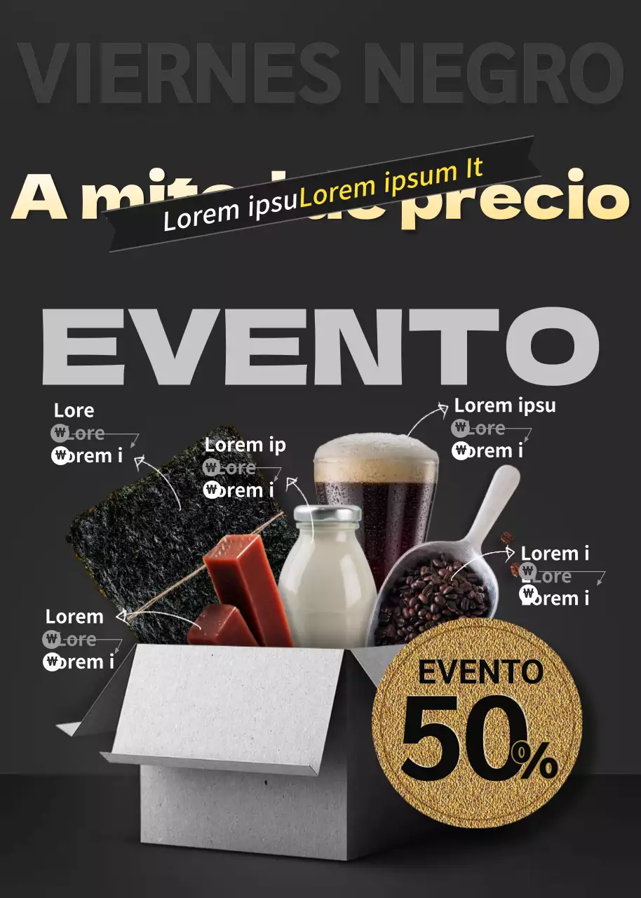 Evento de descuento en alimentación con concepto de caja de entrega a domicilio en negro y gris