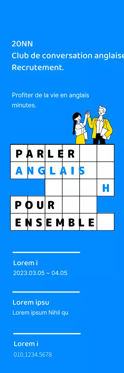 Conception du recrutement d'un club de conversation anglaise avec illustration au trait et palette de couleurs bleues