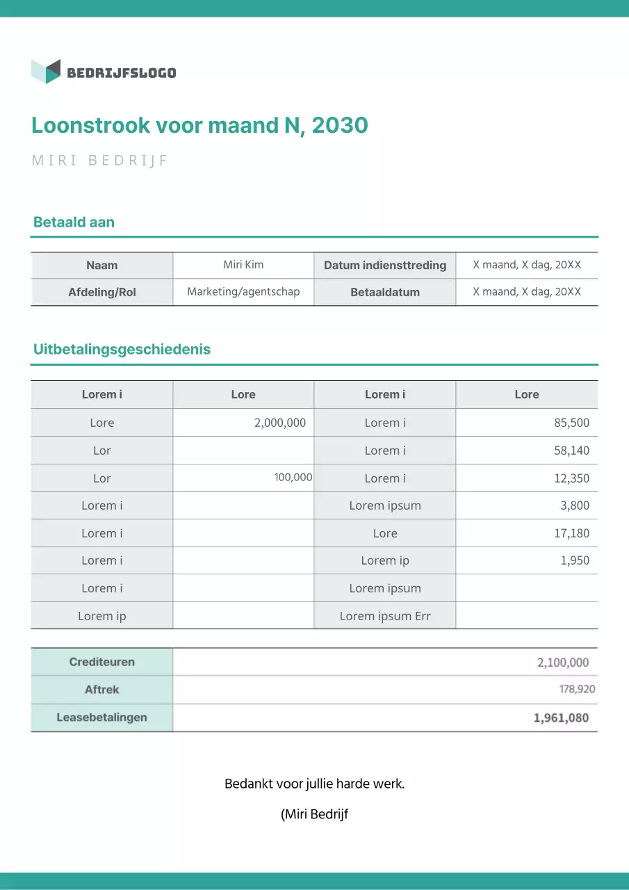 Een mintkleurig loonstrookdocument opmaken