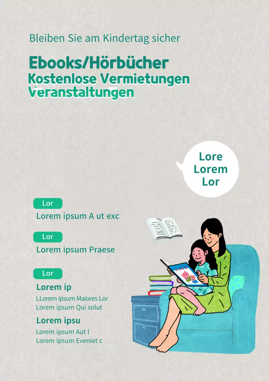 Kostenloses E-Book Werbegeschenk mit einer niedlichen blauen und grünen Illustration eines lesenden Kindes