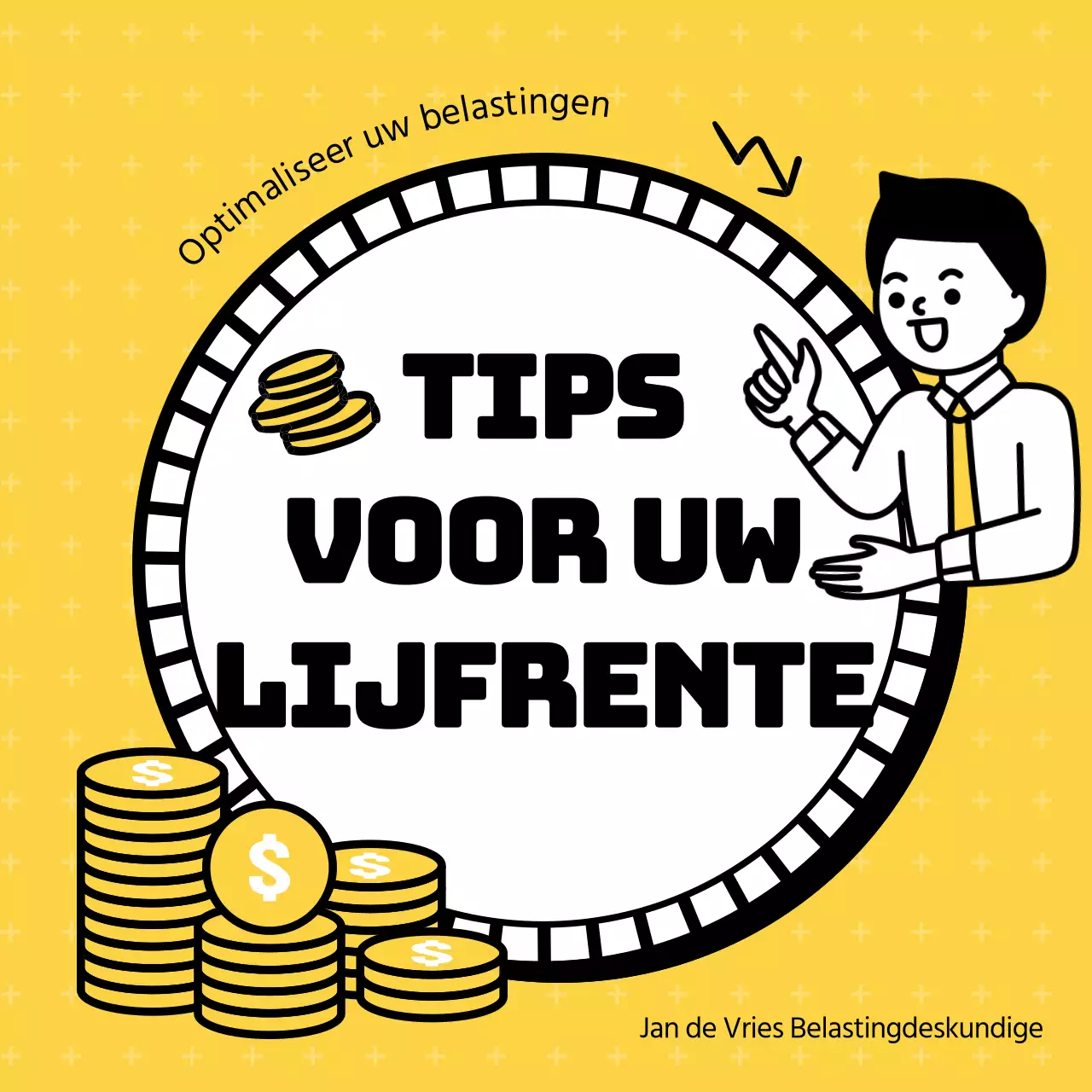 Duidelijke, gele illustraties benadrukken tips voor belastingbesparing voor gepensioneerden