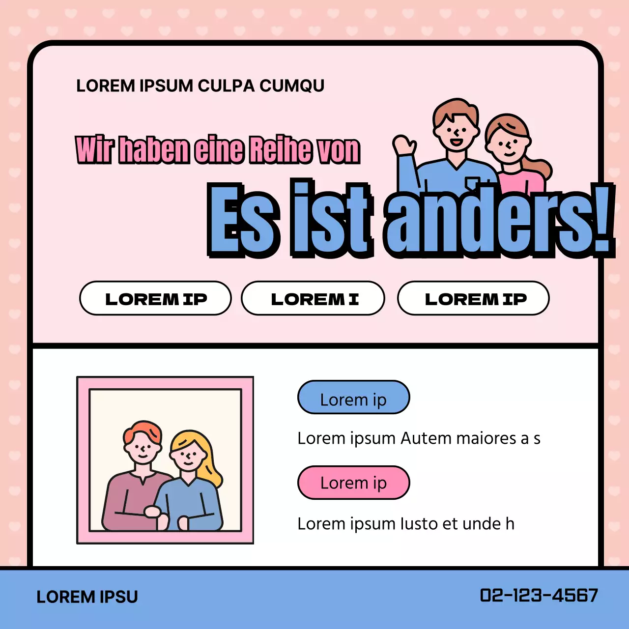 Werbung für eine Beratungsstelle für Paare mit schönen rosa und blauen Illustrationen