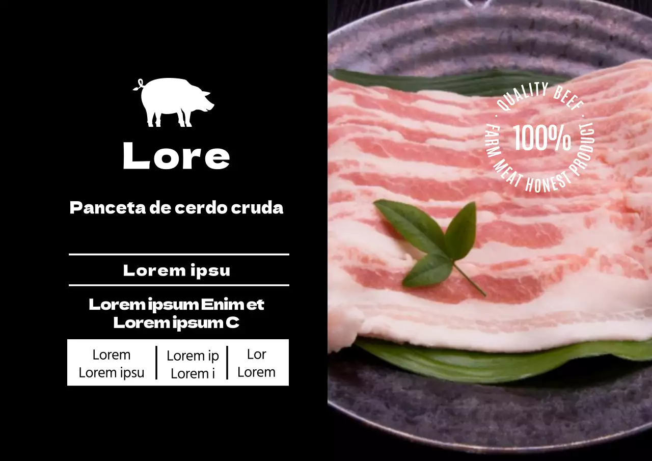 Etiqueta alimentaria de panceta de cerdo con foto negra