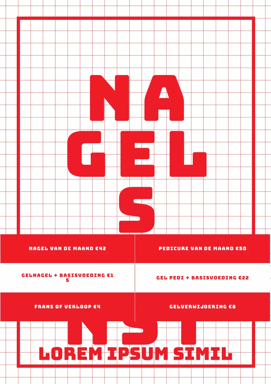 Promoot een eenvoudig menu van een nail art-winkel met een rood, rasterachtig ontwerp