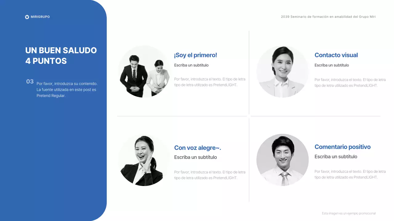 Seminario de formación sobre amabilidad para el personal de las tiendas del Grupo Miri en azul y gris Manual CS Etiqueta de saludo