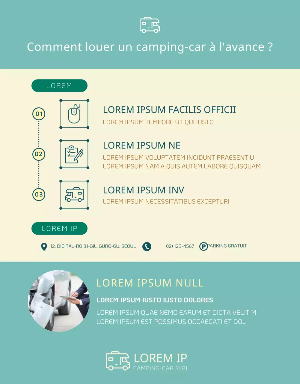 Guide d'un service simple de location de camping-cars en jaune et menthe