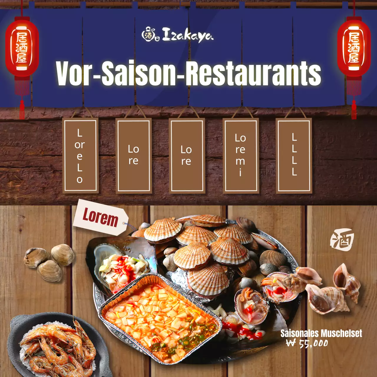 Ein saisonales Izakaya mit japanischer Izakaya-Atmosphäre in Marineblau und Braun Social Media