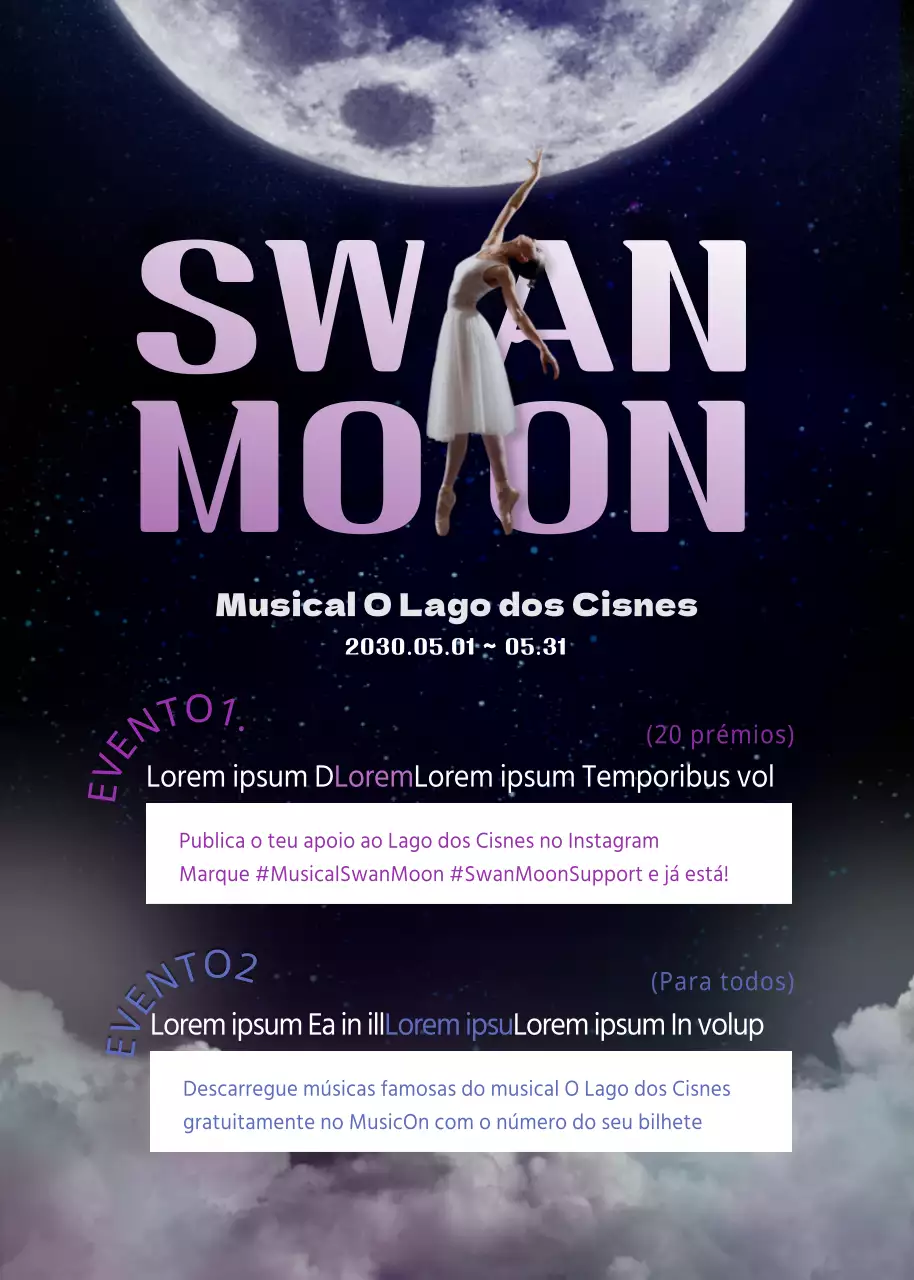 Uma oferta de bilhetes para um musical com um toque de sonho em azul-marinho e roxo
