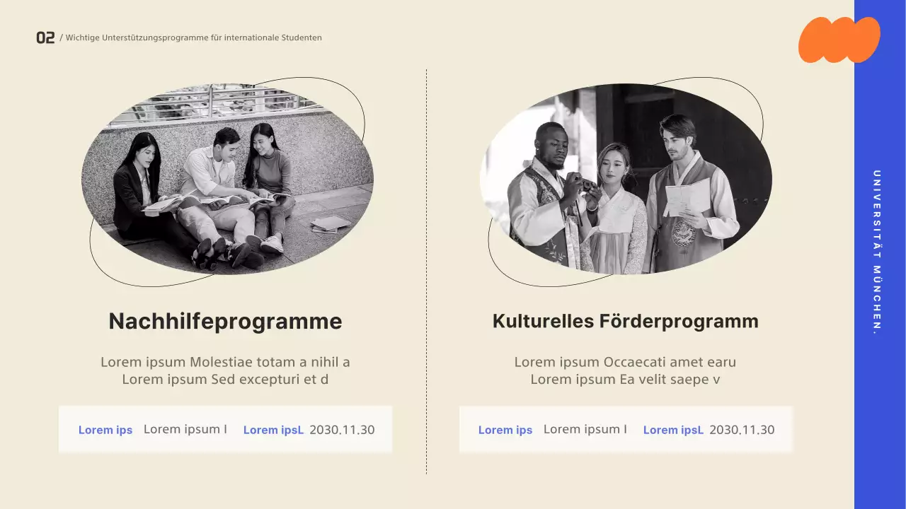 Eine Orientierungspräsentation mit trendigem Design, akzentuiert mit kräftigen Farben.