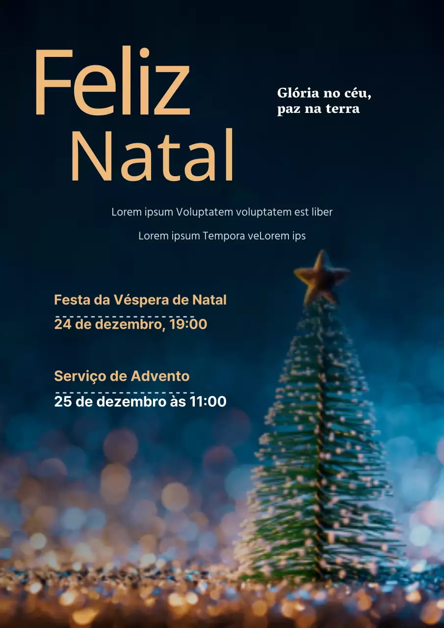 Promover e orientar uma cerimónia de Natal numa igreja discreta com uma fotografia de uma árvore azul-marinho.