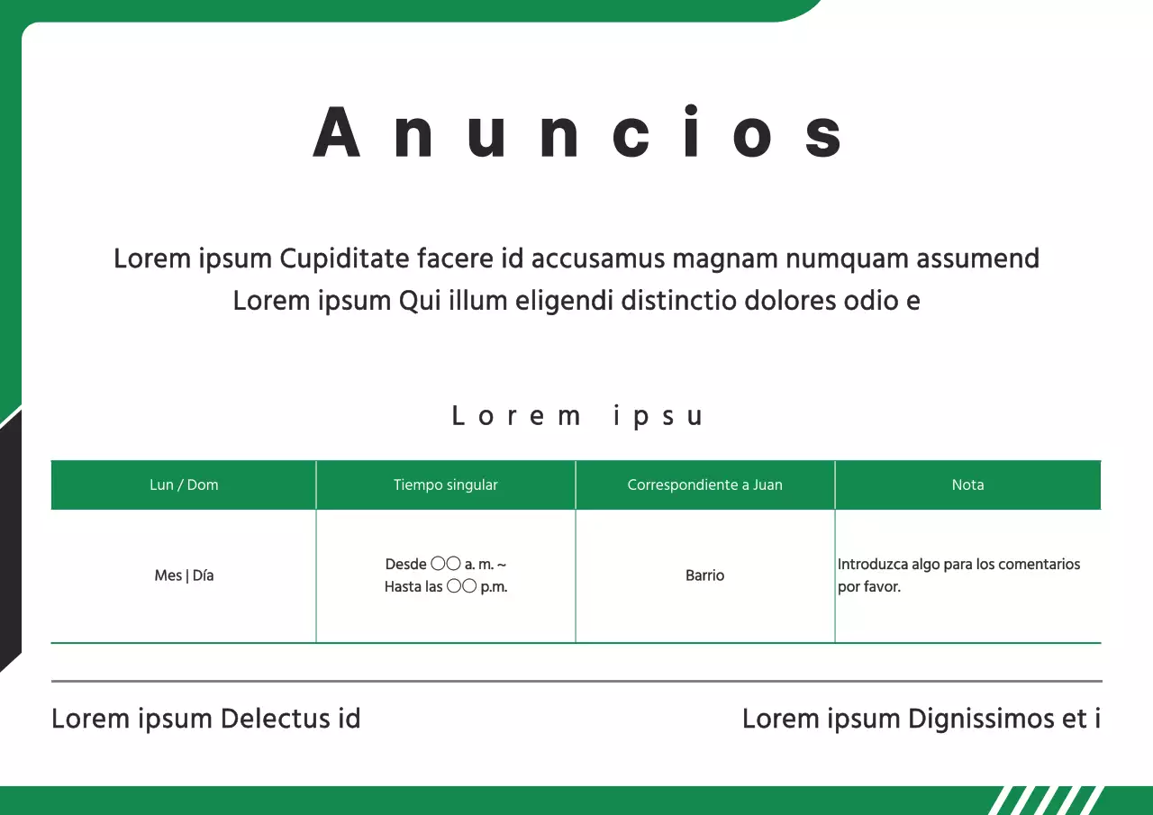Una sencilla hoja negra y verde de información sobre las instalaciones