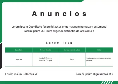 Una sencilla hoja negra y verde de información sobre las instalaciones