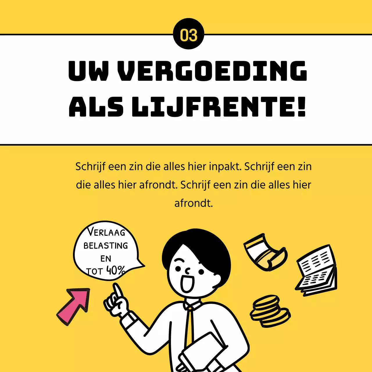 Duidelijke, gele illustraties benadrukken tips voor belastingbesparing voor gepensioneerden